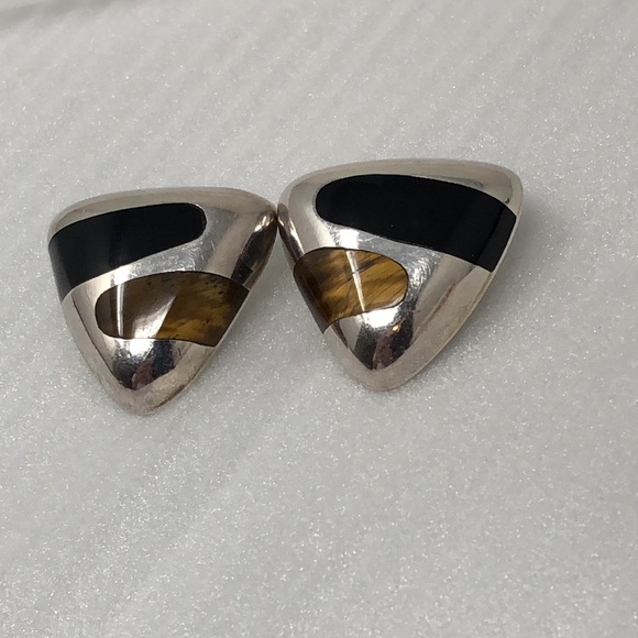 Vintage Taxco Mexico Earrings 950 Silver Tiger Eye Onyx Clip On Triangular Inlay - Picture 4 of 9